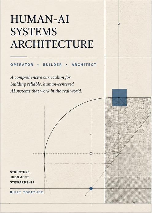 Human-AI Systems Architecture editorial illustration showing structured lines, forms, and the Operator, Builder, Architect progression.