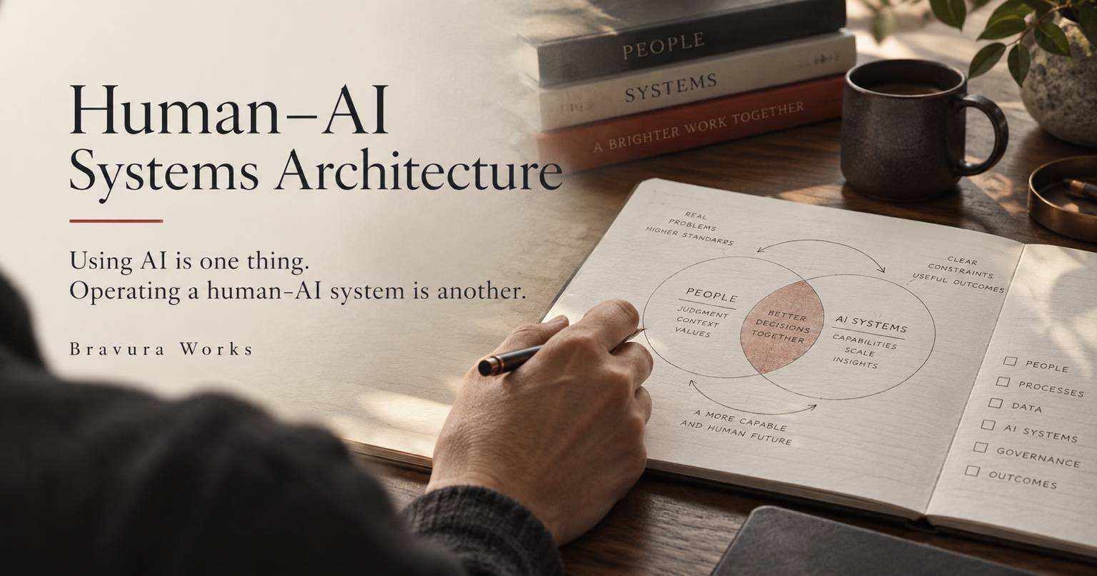 A person sketches a human-AI systems diagram at a desk, emphasizing human judgment in system design.